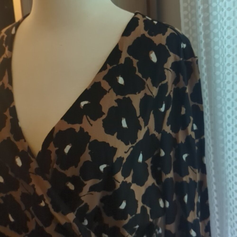 Lands End Floral Black Brown 3/4 Sleeve Dress L 14-16